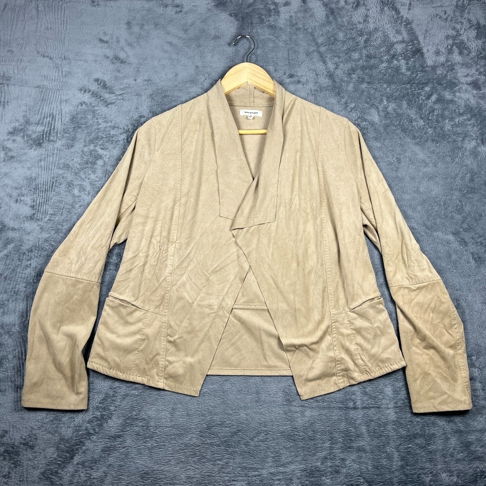 Max Studio Faux Suede Jacket Women Medium Tan Draped Waterfall Collar Open Front